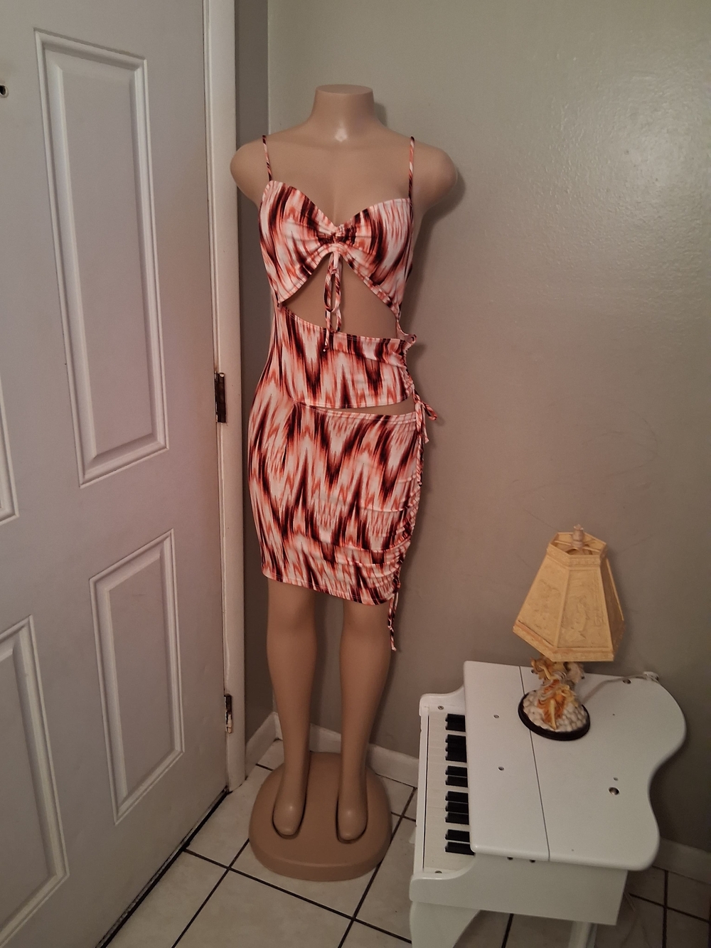 Tie-Front Pink and Brown Patterned Midi Skirt Set